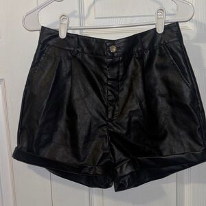 SHEIN Black High-Waist Faux Leather Cuffed Shorts
